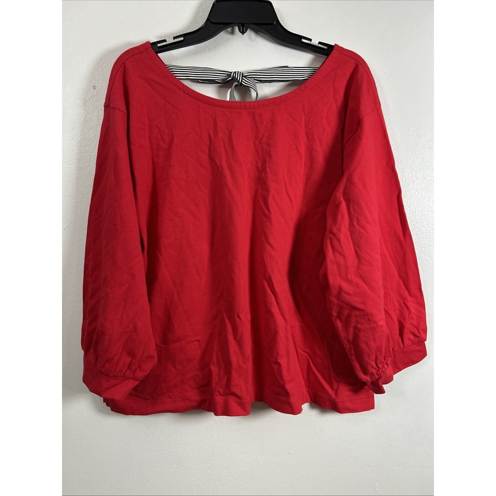 J Crew Women XXL Blouse Red 3/4 Sleeve V Back Stripe Tie Bow Accent 6470